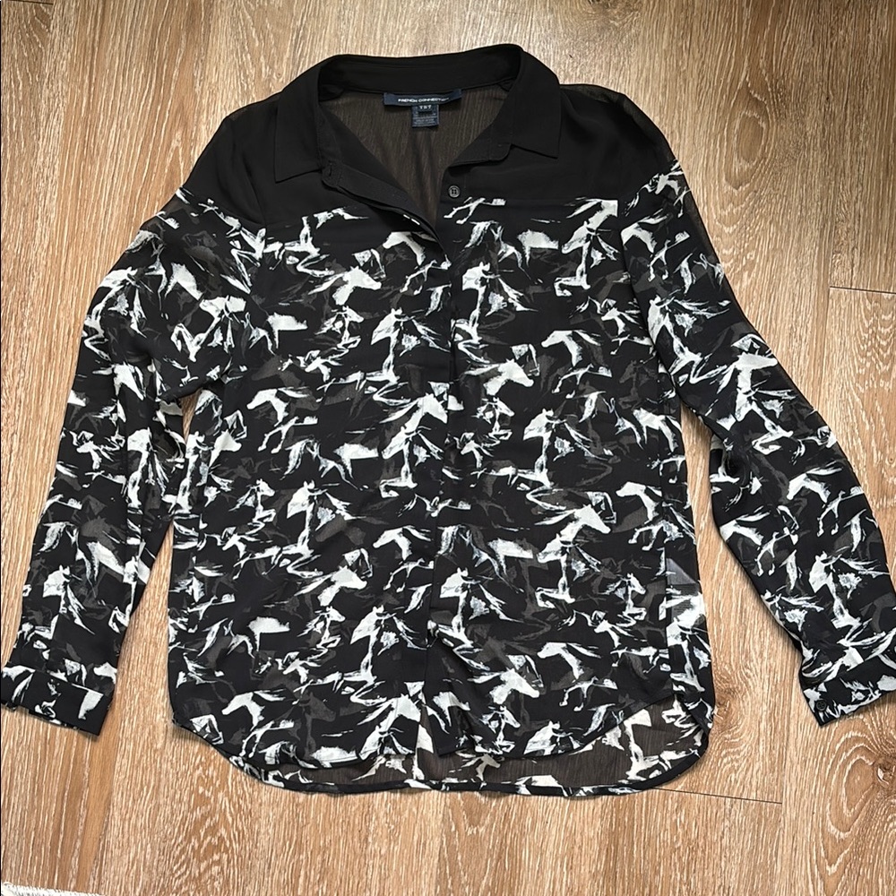 French Connection black & white horse print semi sheer blouse, size 2